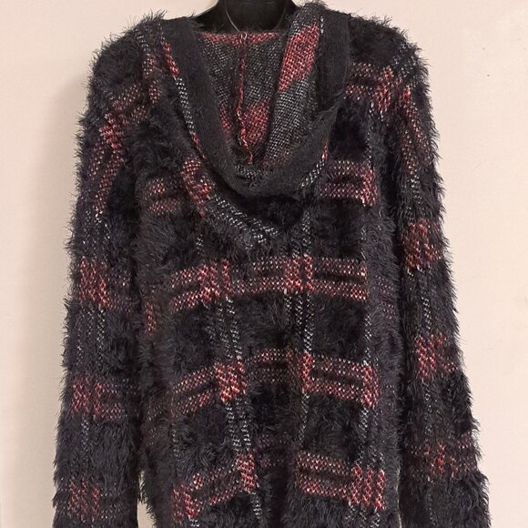 Rock & Republic Plaid Fuzzy Hoodie Long Sleeve Sweater Misses Size Large - Picture 9 of 10